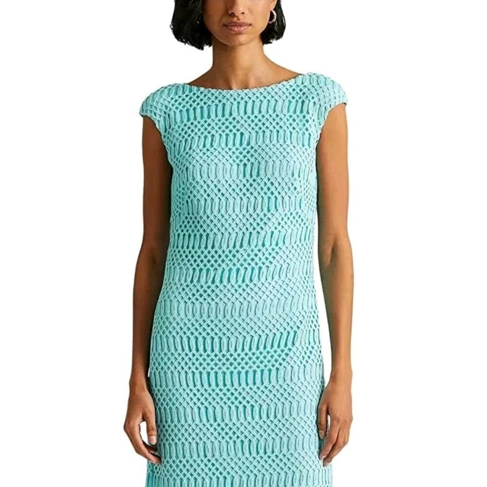 Lauren Ralph Lauren Womens 8 Dress Blue Sheath Cap Sleeve Lace Lattice Party